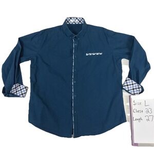 Hotouch Mens‎ Large Teal Blue Button Down Long Sleeve Shirt Plaid Trim Accents